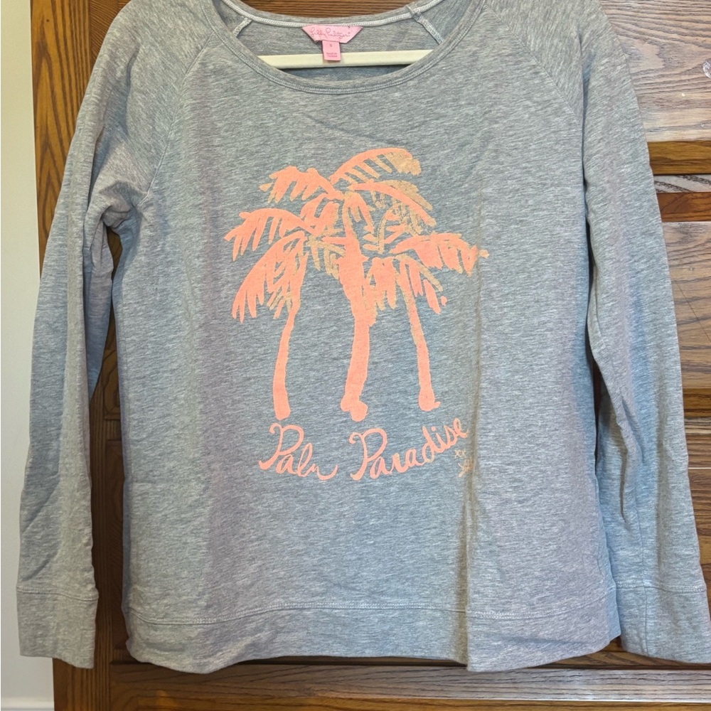 Lilly Pulitzer Gray Sweatshirt with Pink Palm Design